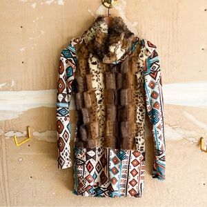 Tribal Print Long Sleeve Dress with Fur Accents